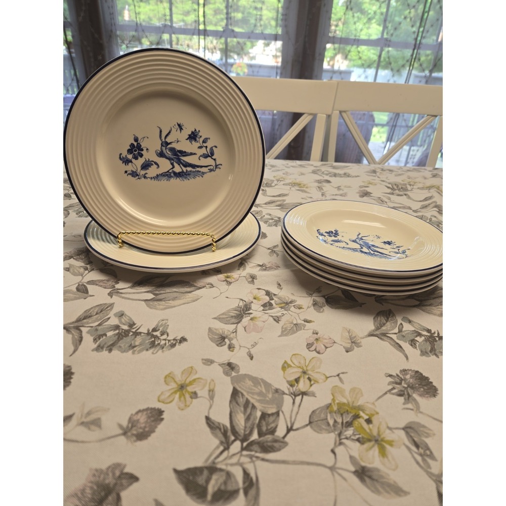 VTG VARAGES FRANCE FARM HOUSE BLUE BIRD PRINT RIBBED SET OF 6